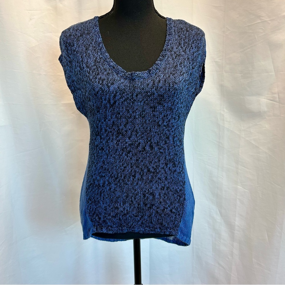Aritzia T.Babaton blue black heathered knit short sleeve sweater linen silk Sz S - Picture 11 of 11